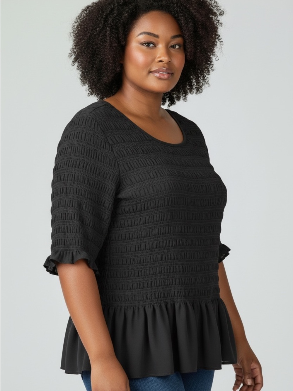 torrid Black Textured Peplum Tunic with Ruffle Cuffs